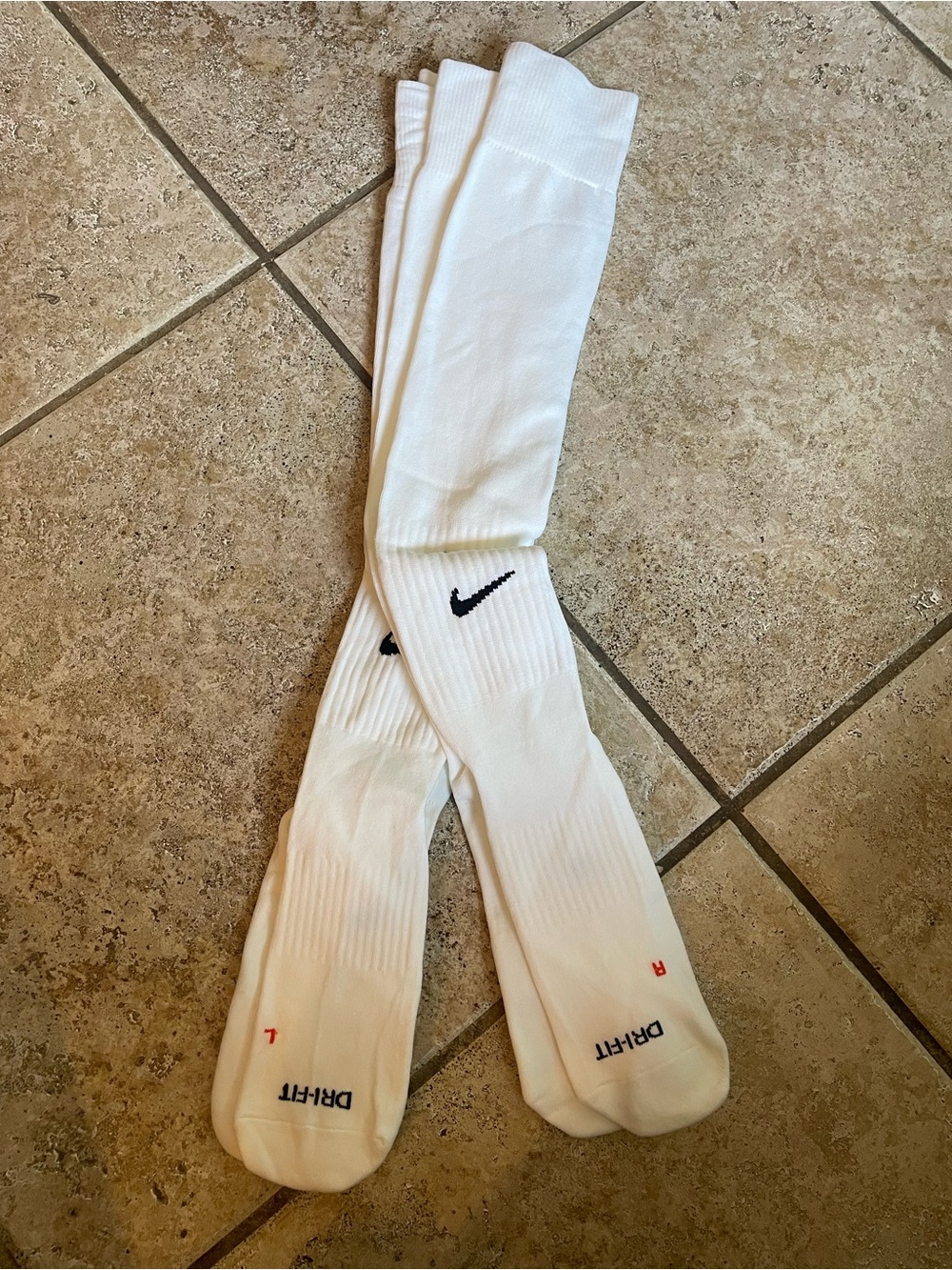 2- pair Nike White Knee-High Socks with Black Swoosh